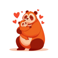 A joyful mother panda holding her baby, surrounded by hearts on a white isolate background, symbolizing love and affection. png
