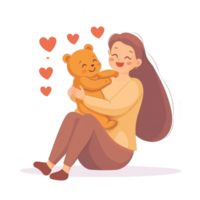 A joyful woman hugging a teddy bear, surrounded by hearts. This illustration captures warmth, love, and comfort in a playful, colorful style. png