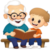 A joyful scene of a grandfather reading a book with his grandson, both smiling and sharing a moment of connection and learning. png