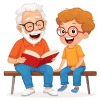 A joyful interaction between a grandfather and grandson, sharing a story from a book. They are seated on a bench, expressing warmth and connection through reading together. png