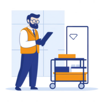 A man in a safety vest checks a clipboard while standing next to a cart filled with supplies, symbolizing organization and efficiency in a workplace setting. png