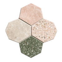 A modern hexagonal tile design featuring a combination of pink, green, and neutral tones, ideal for interior decoration and creative projects against a white isolate background. png