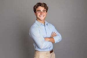 A young man in a blue shirt and khaki pants photo