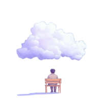 A person sitting on a bench, gazing at a cloud above, symbolizing contemplation and introspection. The serene setting invites reflection and imagination. png