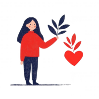 A playful illustration of a woman in a red sweater holding a branch with leaves and a heart, symbolizing love and nature, on a white isolated background. png