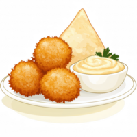 A plate serving crispy golden croquettes with a side of creamy sauce and a triangular samosa, perfect for appetizers and snacks. png