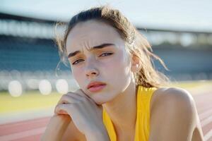 A woman sitting on a running track photo