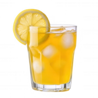 A refreshing glass of orange beverage with ice, garnished with a slice of lemon, isolated on a white background. png