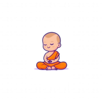 A serene cartoon monk in a meditative pose, wearing an orange robe, symbolizing peace and mindfulness, ideal for wellness and spiritual themes. png