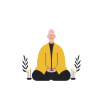 A serene monk in meditation, wearing a traditional yellow robe, surrounded by candles and foliage, representing peace and mindfulness. png