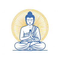 A serene Buddha sculpture in a meditative posture, surrounded by a radiant halo, symbolizing peace and enlightenment against a minimalist background. png