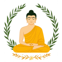 A serene illustration of a meditating figure, adorned in traditional attire, encompassed by a circle of leaves, symbolizing peace and enlightenment. png