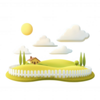 A serene landscape featuring rolling hills, a quaint house, fluffy clouds, and a bright sun, enclosed by a white picket fence, creating a peaceful countryside scene. png