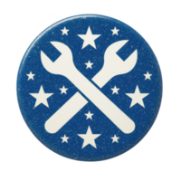 A round badge featuring crossed wrenches and stars, designed with a striking blue glitter background. Ideal for tools, mechanics, and DIY projects. png