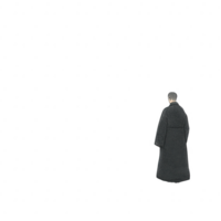 A solitary figure in a traditional robe stands contemplatively, rendered in a minimalist style with a white background, symbolizing reflection and spirituality. png