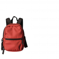 A stylish red backpack designed for daily use, featuring adjustable straps and a front zipper pocket, perfect for carrying essentials on the go. png