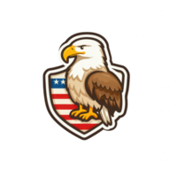 A stylized illustration of a bald eagle perched on a shield adorned with the American flag, showcasing national pride and symbolism. png