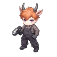 A stylized character with goat horns, orange hair, and a determined expression, holding a futuristic weapon, perfect for gaming or animation projects. png