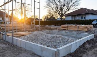 A concrete foundation is being built in front of a house photo