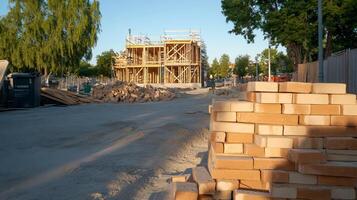 A pile of bricks in front of a building under construction photo