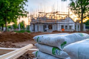 A pile of sand bags in front of a construction site photo
