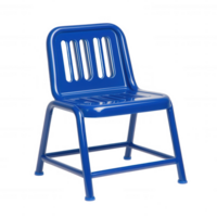 A vibrant blue chair made of metal, featuring a comfortable design with slats for ventilation. Perfect for children's spaces or modern decor. Isolated on a white background. png