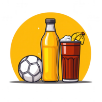 A vibrant illustration featuring a soccer ball, a refreshing drink with a lemon slice, and a bright yellow background, perfect for sports and leisure themes. png