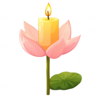 A vibrant pink lotus flower with a lit yellow candle in the center, symbolizing serenity and tranquility, against a clean background. png
