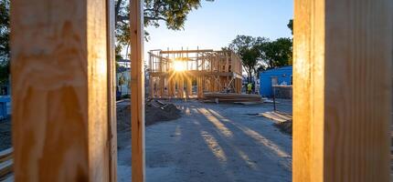 A view of a construction site with the sun setting behind it photo