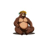 A whimsical cartoon bear sitting in a relaxed pose, adorned with a crown of sunflowers. A playful and cheerful illustration, perfect for various creative projects. png