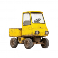 A vintage yellow utility vehicle isolated on a white background, showcasing its weathered texture and unique design, perfect for showcasing aged machinery in a nostalgic setting. png