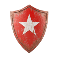 A vintage shield with a red background and white star, featuring a weathered metal texture. Ideal for use in creative designs or as an emblem. png