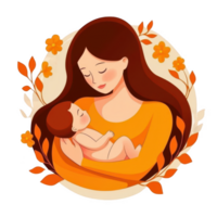 A warm illustration of a mother lovingly holding her baby, surrounded by autumn leaves and flowers, expressing deep affection and connection in a serene environment. png