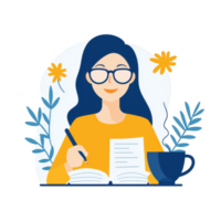 A woman with glasses writing in a notebook, surrounded by leaves and flowers, enjoying a cup of coffee. Ideal for studying, creativity, and relaxation themes. png