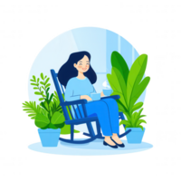 A woman sitting comfortably in a rocking chair, enjoying a cup of coffee surrounded by lush green plants, creating a serene and relaxing atmosphere. png