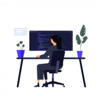 A woman working at a desk with a computer, displaying code on the screen. A serene workspace with plants, promoting a calm and productive environment. png