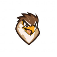 An expressive and fierce bird logo with a stylized design, featuring bold colors and sharp features, set against a white isolated background. png