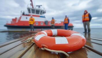 A life preserver on a dock with a tugboat in the background photo