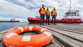 Three people standing on a dock with a life preserver photo