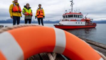 Three people standing on a dock with an orange life preserver photo