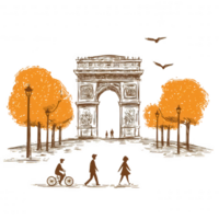 Charming illustration of a historic archway surrounded by autumn trees and pedestrians, conveying a serene fall atmosphere. png