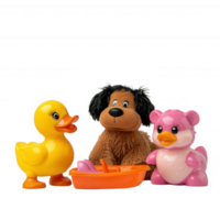 Colorful and playful plastic toy characters, including a yellow duck, brown dog, and pink bear, arranged in a cheerful scene with a toy boat, set against a white background. png