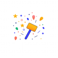 Colorful illustration featuring a playful hammer surrounded by stars and balloons, perfect for party themes and celebrations, on a white isolated background. png