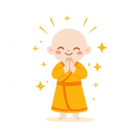 Cute monk character in an orange robe, smiling and with hands pressed together in a gesture of prayer, surrounded by sparkles on a white isolated background. png
