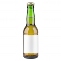 Die-cut image of a green glass beer bottle with a blank label, isolated on a white background, ideal for branding and design purposes. png