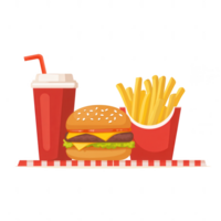 Fast food meal featuring a burger, fries, and a soft drink on a checkered tablecloth, all isolated on a white background. png