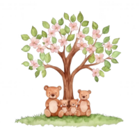 Four cute teddy bears sitting under a blooming tree with pink flowers, surrounded by green grass, creating a whimsical and playful atmosphere. png