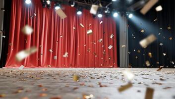 Confetti falling from the stage onto a red curtain photo