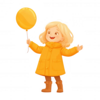 Happy child in a yellow coat holding a yellow balloon, celebrating joy and innocence, with a cheerful expression against a white isolate background. png