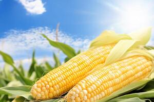 Two ears of corn on the cob with the sun shining in the background photo